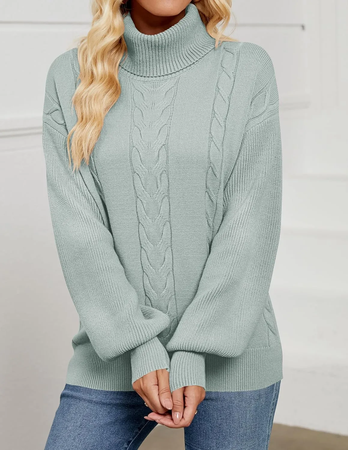 LEANI Women's 2024 Turtleneck Sweater Lantern Long Sleeve Cable Knit Pullover Sweaters Jumper