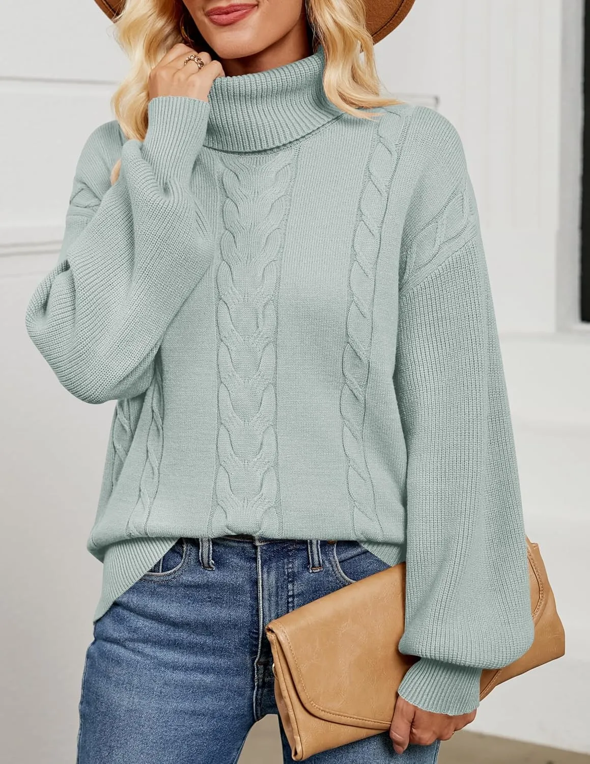 LEANI Women's 2024 Turtleneck Sweater Lantern Long Sleeve Cable Knit Pullover Sweaters Jumper