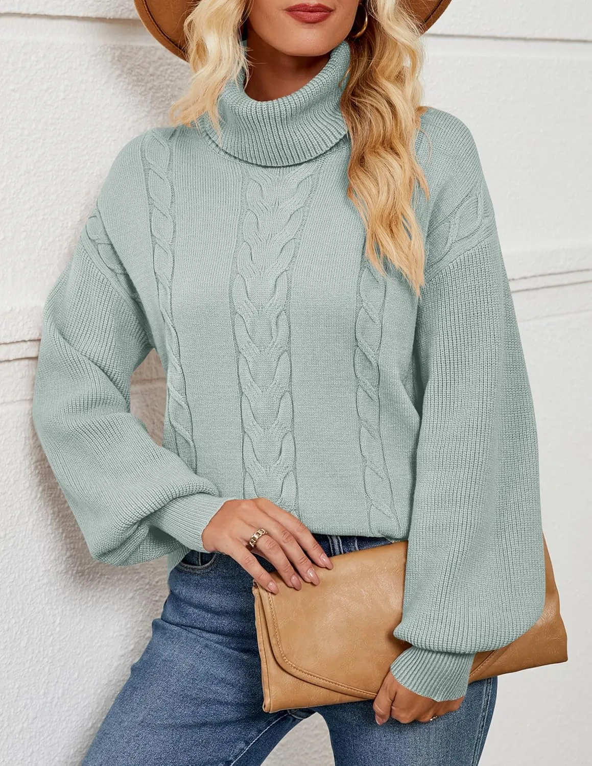 LEANI Women's 2024 Turtleneck Sweater Lantern Long Sleeve Cable Knit Pullover Sweaters Jumper