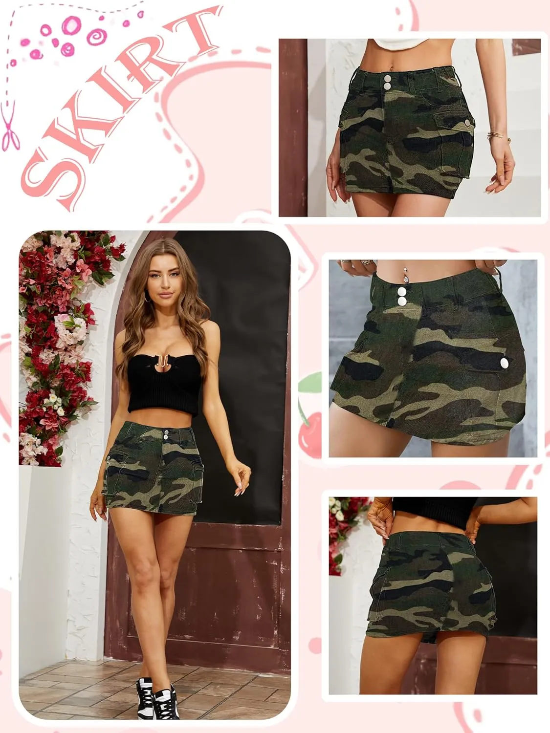 Low Waist Cargo Skirt Women Button Mini Cargo Denim Skirt with Pocket Mini Skirt