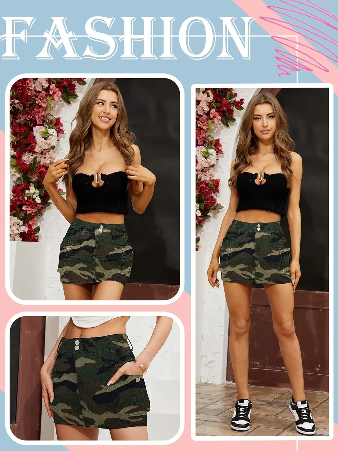 Low Waist Cargo Skirt Women Button Mini Cargo Denim Skirt with Pocket Mini Skirt