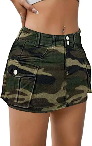 Low Waist Cargo Skirt Women Button Mini Cargo Denim Skirt with Pocket Mini Skirt
