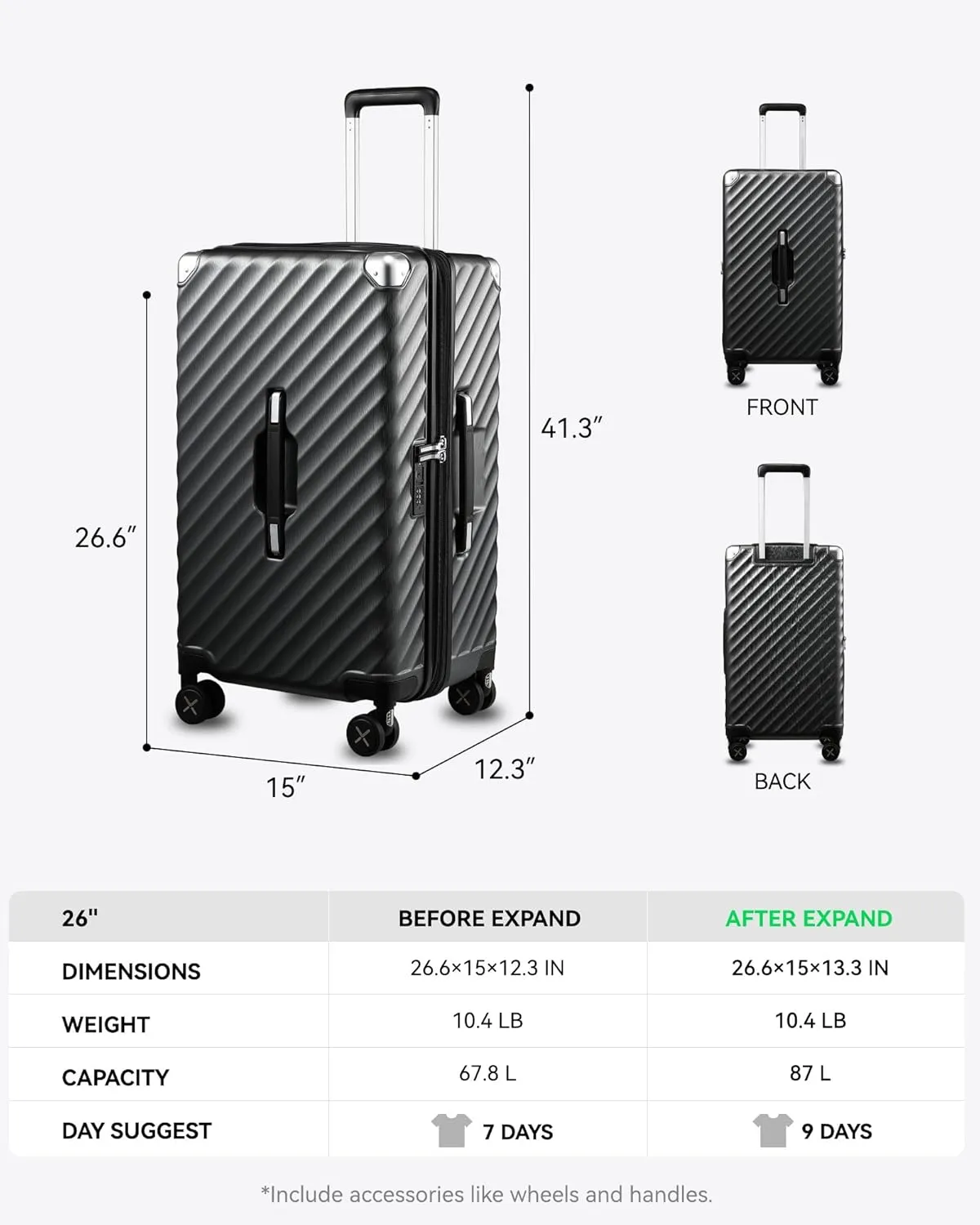 LUGGEX Trunk Luggage with Spinner Wheels - Expandable Polycarbonate Hard Shell Suitcases, Charcoal Metallic, Trunk-Medium 26-Inch, Expandable Hardshell Luggage With Spinner Wheels