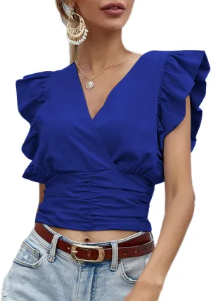 LYANER Womens Wrap V Neck Ruffle Cap Sleeve Crop Top Shirred Hem Sleeveless Blouse Tank Top
