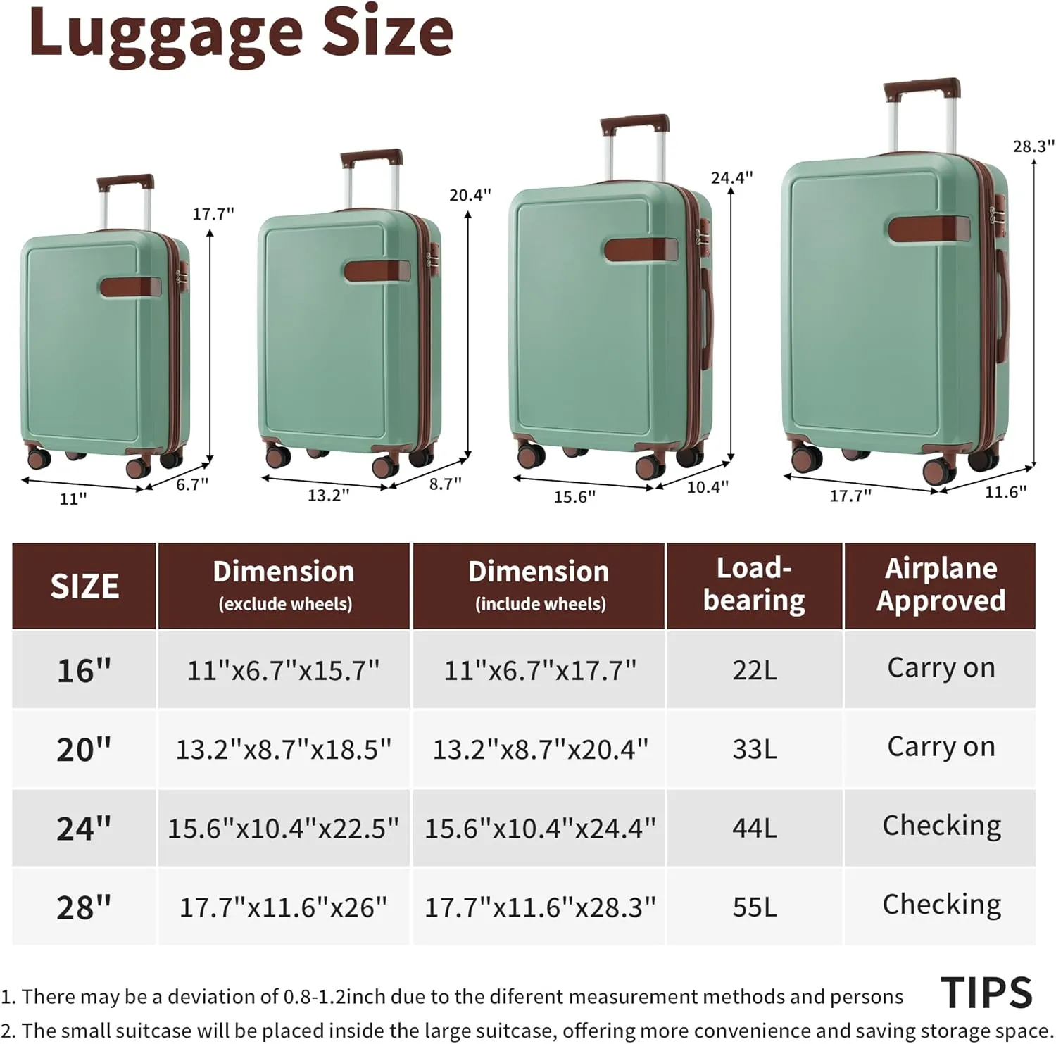 LZ LEISURE ZONE 4 Piece Luggage Set with Compression Packing Cubes for Suitcase, Expandable Spinner Wheels Lightweight Suitcase with TSA Lock, 16 IN 20 IN 24 IN 28 IN, Light Green