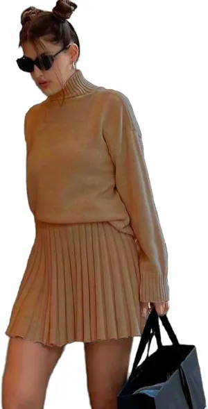 Mandonce Skirt Sets Turtleneck Oversized Sweater Sweatshirt and Pleated Mini Skirt Athleisure Set Women 2 Piece Outfits