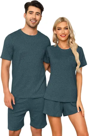 Matching Pajamas for Couples Ribbed Knit Lounge Set Soft Short Sleeve 2 Pieces Sleepwear S-XXL
