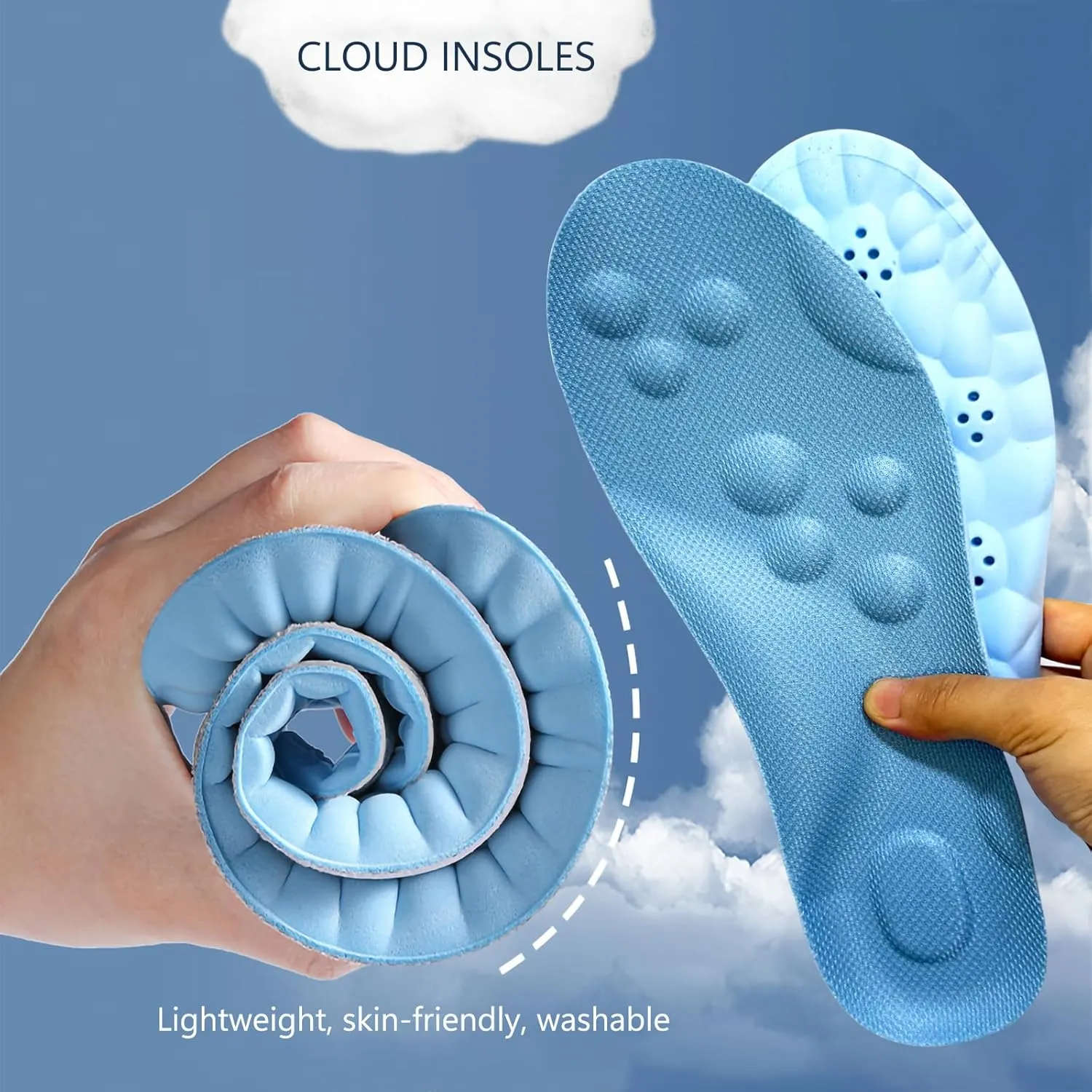 Memory Foam Arch Support Insoles for Women & Men - Breathable Shock Absorption 4D Cloud Soles Replacement Insoles for Sneakers, Trainers, Sports Shoes & Work Boots (Sky Blue, 11-11.5 US Men)