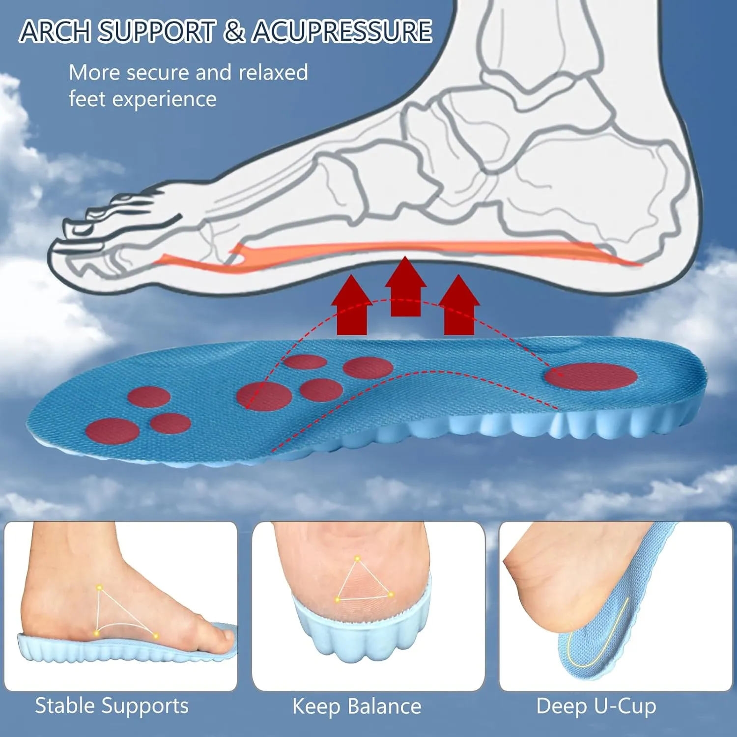 Memory Foam Arch Support Insoles for Women & Men - Breathable Shock Absorption 4D Cloud Soles Replacement Insoles for Sneakers, Trainers, Sports Shoes & Work Boots (Sky Blue, 11-11.5 US Men)