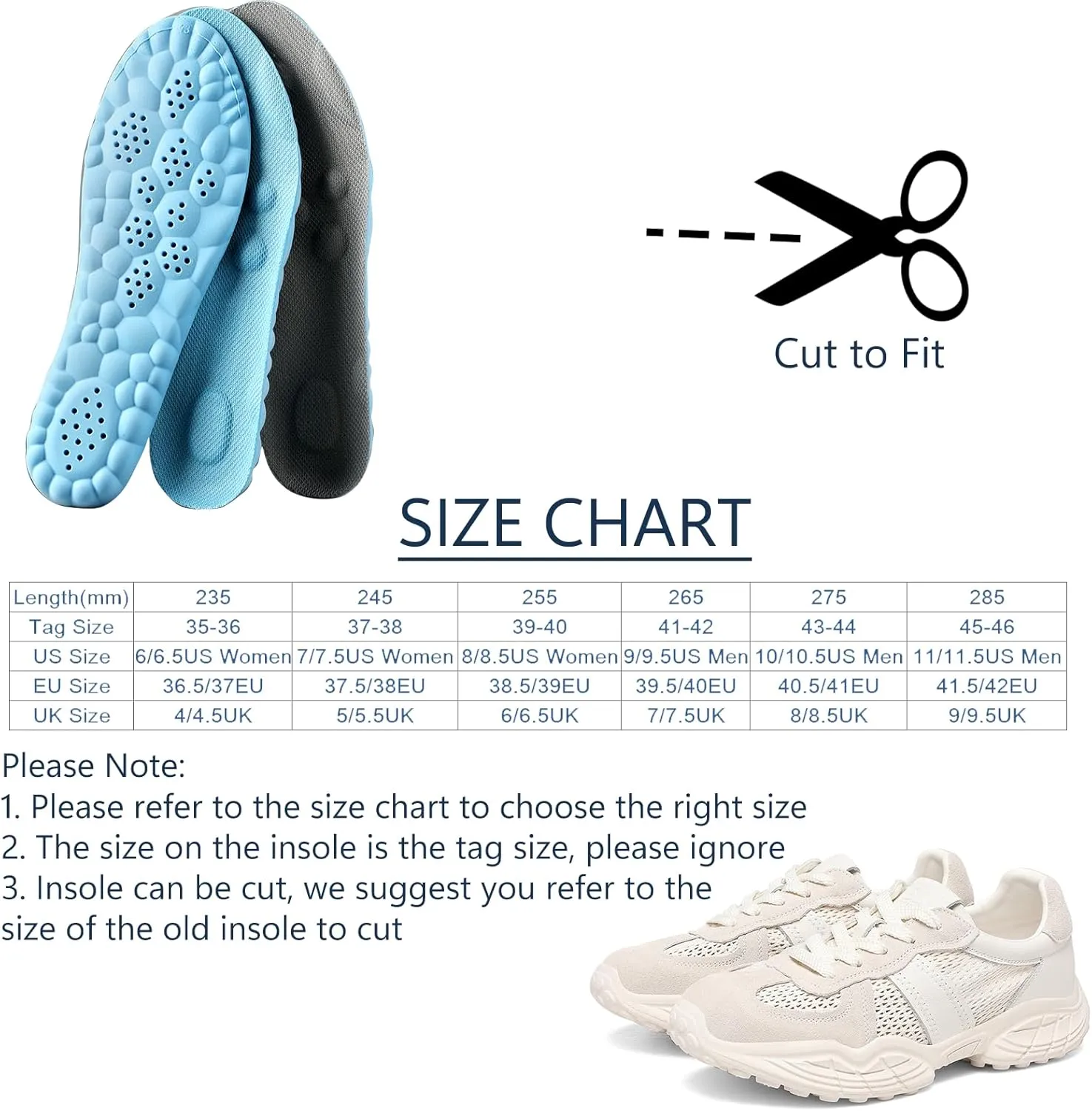 Memory Foam Arch Support Insoles for Women & Men - Breathable Shock Absorption 4D Cloud Soles Replacement Insoles for Sneakers, Trainers, Sports Shoes & Work Boots (Sky Blue, 11-11.5 US Men)
