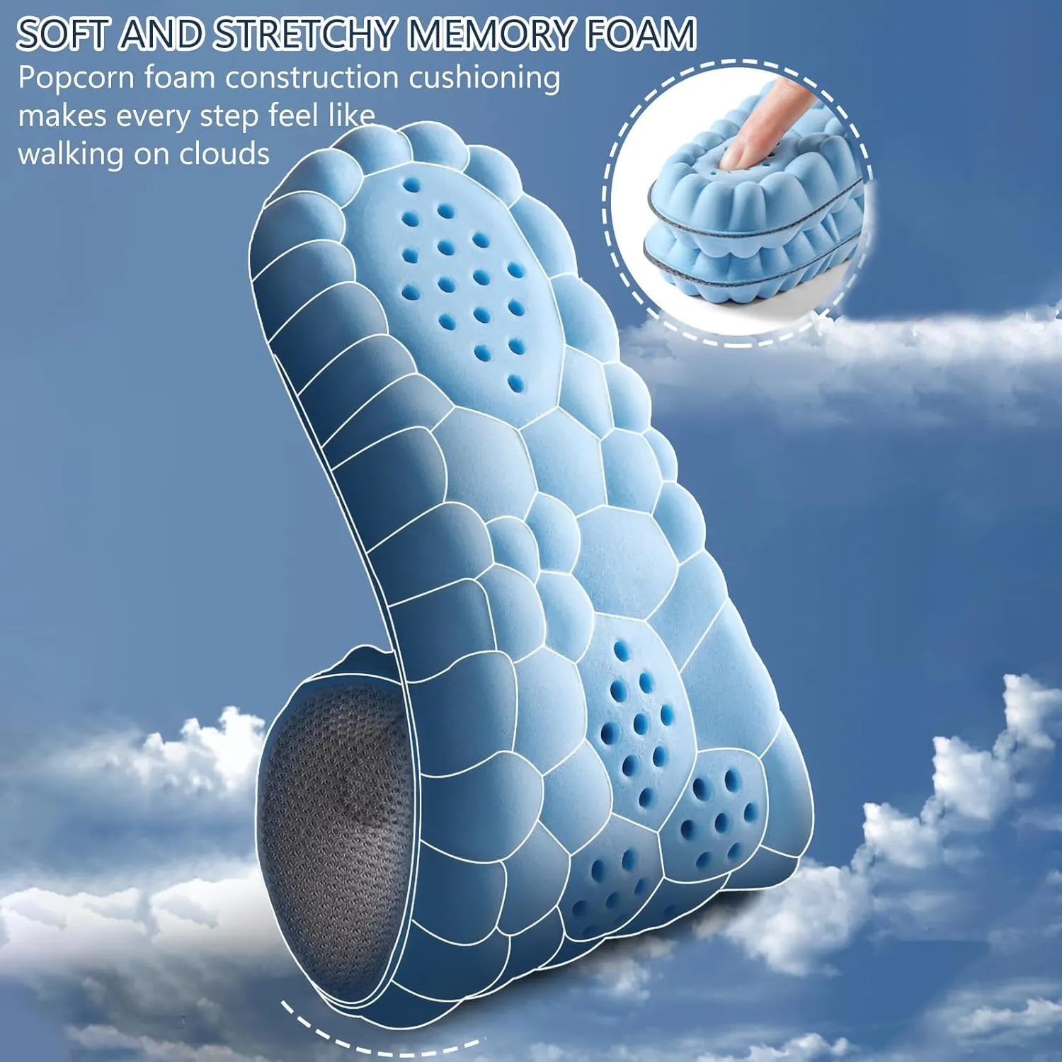 Memory Foam Arch Support Insoles for Women & Men - Breathable Shock Absorption 4D Cloud Soles Replacement Insoles for Sneakers, Trainers, Sports Shoes & Work Boots (Sky Blue, 7-7.5 US Women)