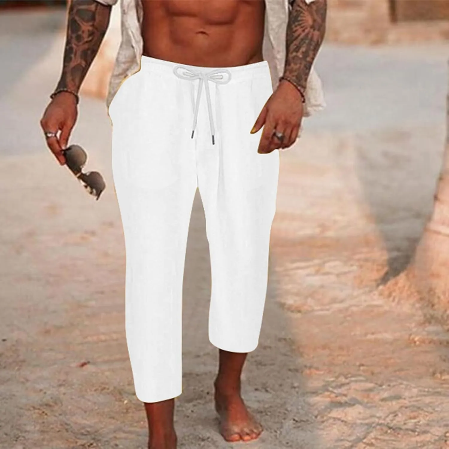 Mens Casual Baggy Cotton Linen Pocket Lounge Harem Pants Beach Long Shorts