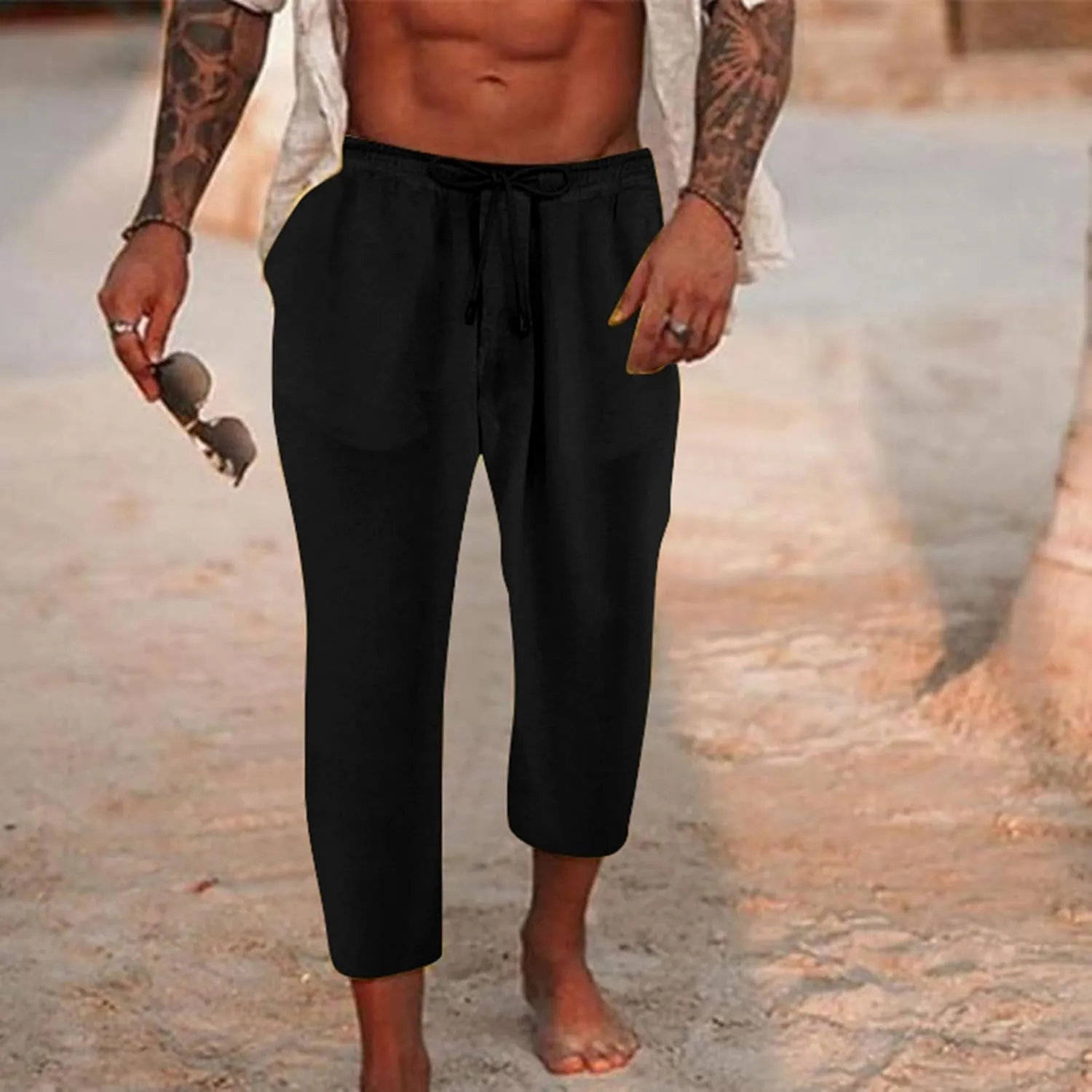Mens Casual Baggy Cotton Linen Pocket Lounge Harem Pants Beach Long Shorts