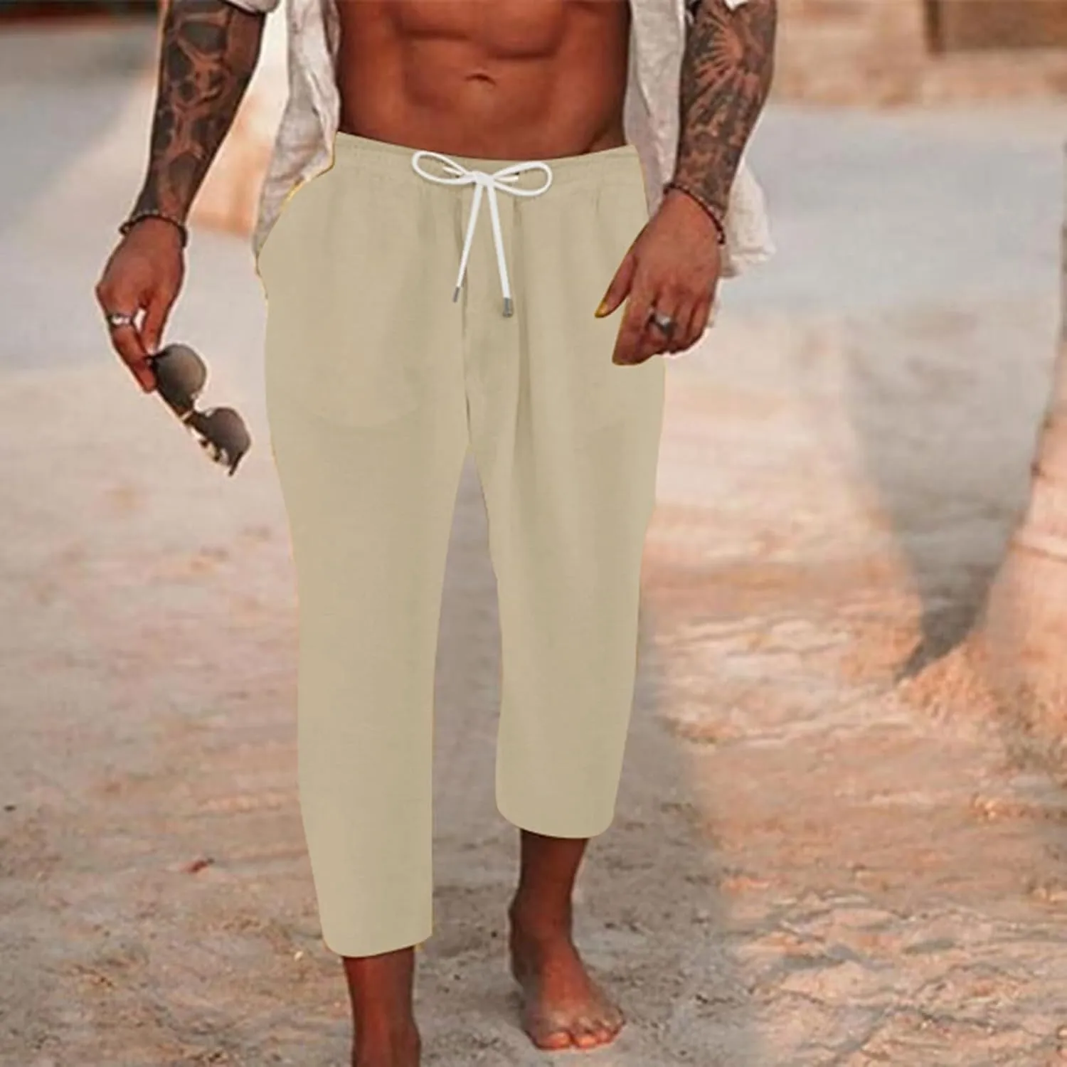 Mens Casual Baggy Cotton Linen Pocket Lounge Harem Pants Beach Long Shorts