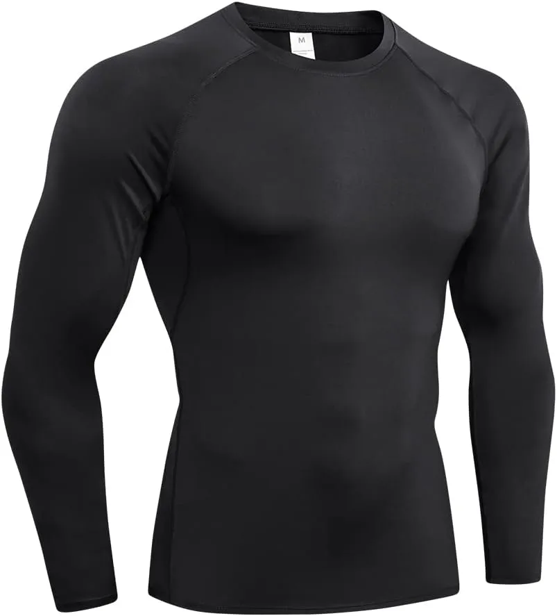 Men's Compression Shirt Long Sleeve Athletic Base Layer Cool Dry Trainning Workout Running T-Shirt, Black-1, XX-Large
