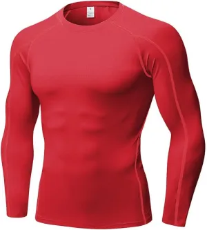 Men's Compression Shirts Long Sleeve Athletic Base Layer Cool Dry Trainning T-Shirt for Workout Running Red, X-Large