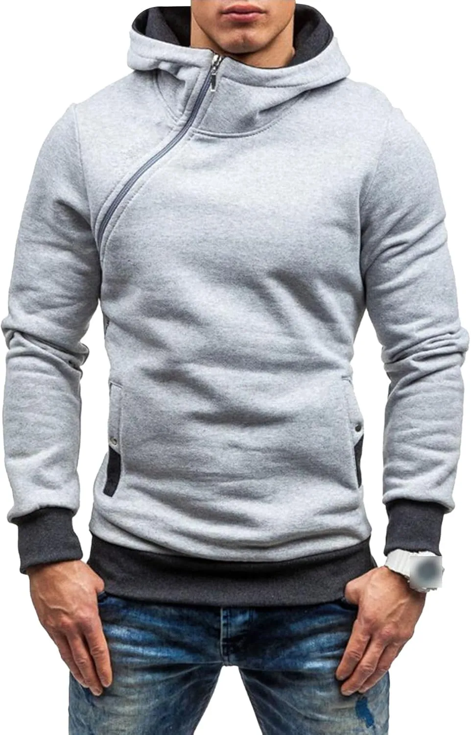 Men's Diagonal Zipper Hoodie Heavyweight Fleece Sweatshirts With Hood Long Sleeve Male Cotton Hoodie