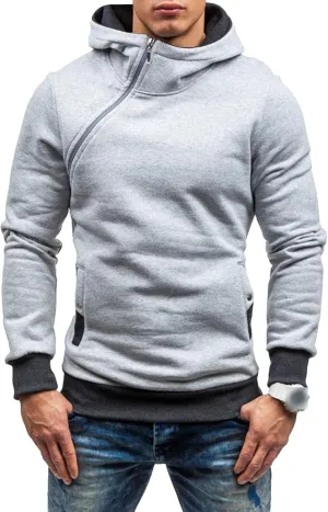 Men's Diagonal Zipper Hoodie Heavyweight Fleece Sweatshirts With Hood Long Sleeve Male Cotton Hoodie