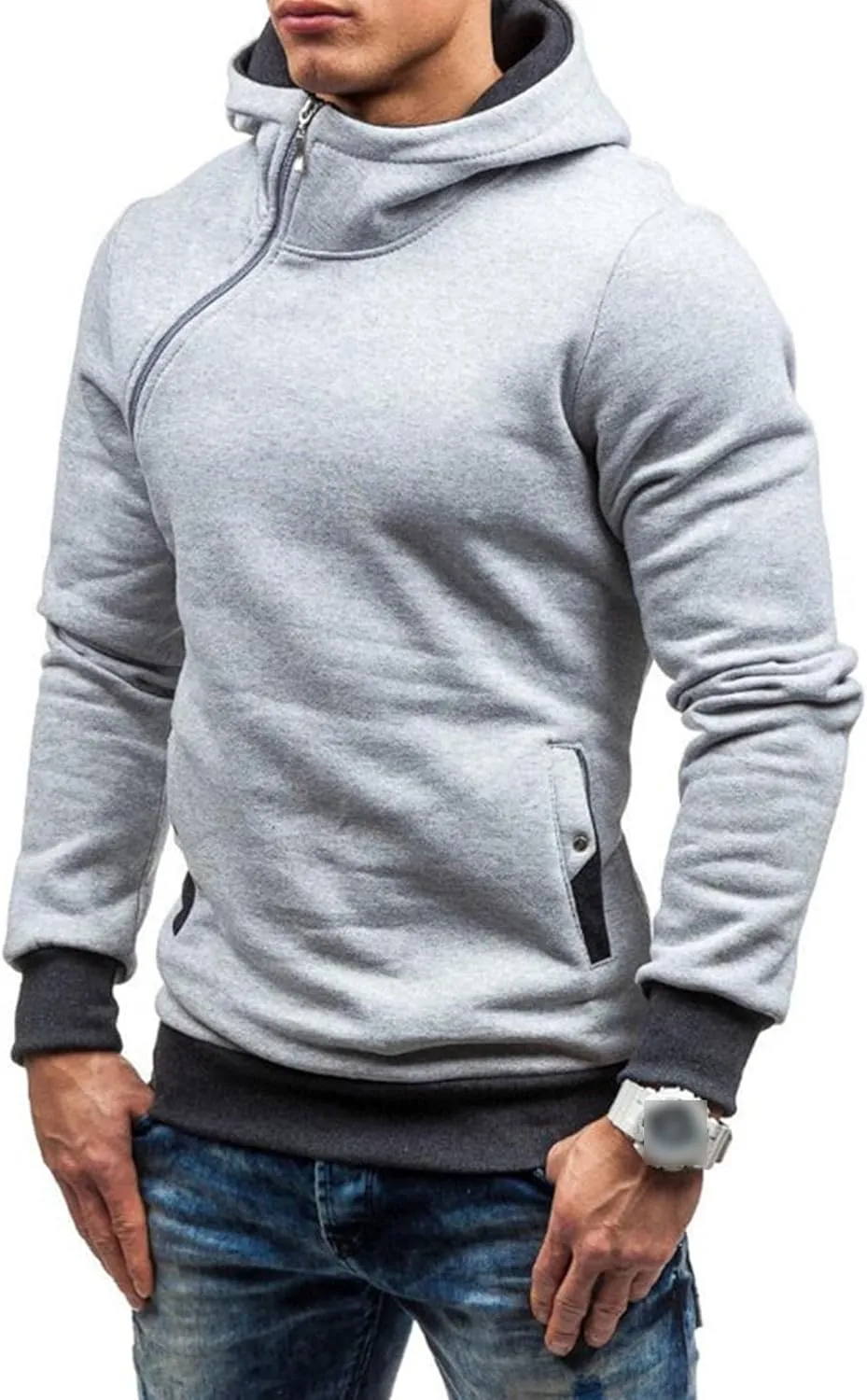 Men's Diagonal Zipper Hoodie Heavyweight Fleece Sweatshirts With Hood Long Sleeve Male Cotton Hoodie