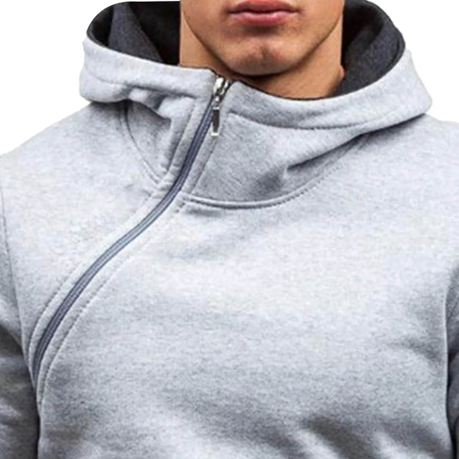 Men's Diagonal Zipper Hoodie Heavyweight Fleece Sweatshirts With Hood Long Sleeve Male Cotton Hoodie