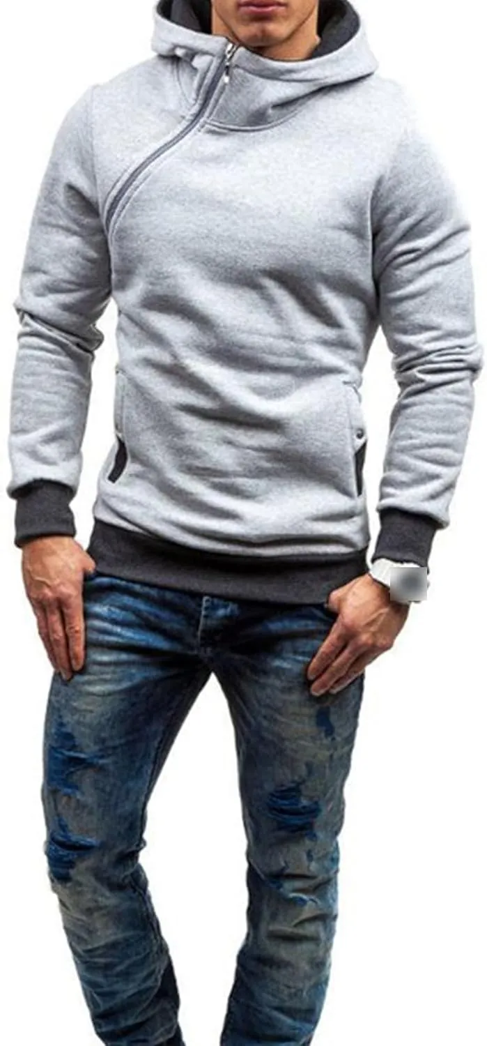 Men's Diagonal Zipper Hoodie Heavyweight Fleece Sweatshirts With Hood Long Sleeve Male Cotton Hoodie