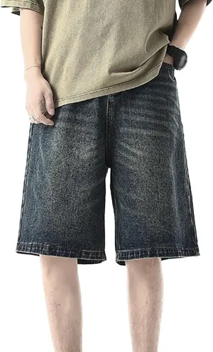 Men's Vintage Straight Jean Shorts Washed Short Pants with Pockets Casual Loose Denim Shorts Grey