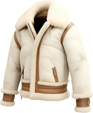 Men’s White Aviator Genuine Leather Sheepskin Sherpa Shearling Faux Fur Winter Warm Pilot B3 Bomber Jacket