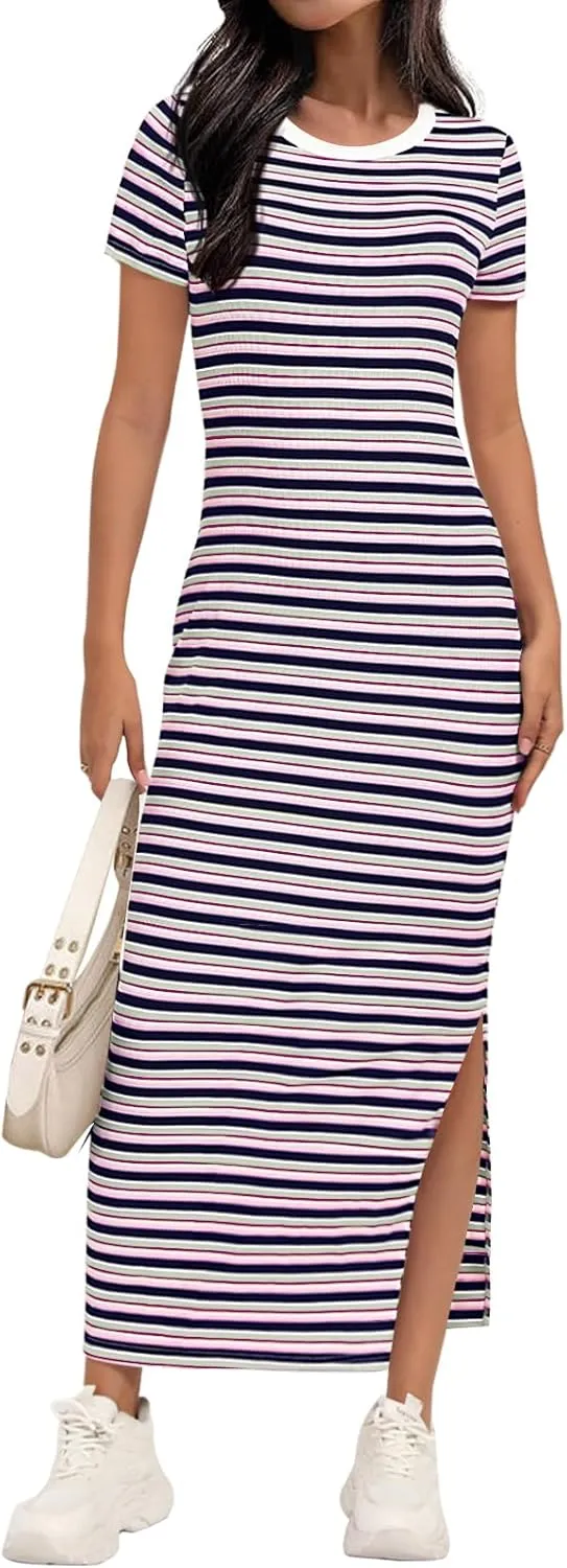 MEROKEETY Women's 2025 Summer Spring Striped Bodycon Maxi Dress Casual Short Sleeve Ribbed Knit Slit Long T Shirt Dresses