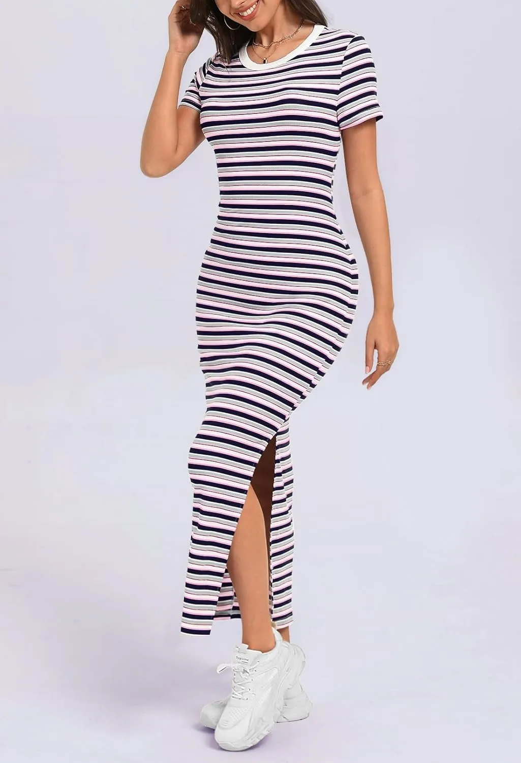 MEROKEETY Women's 2025 Summer Spring Striped Bodycon Maxi Dress Casual Short Sleeve Ribbed Knit Slit Long T Shirt Dresses