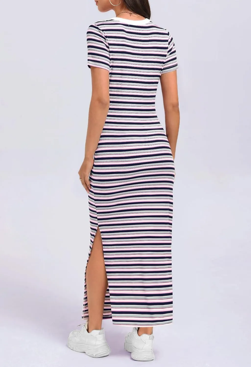 MEROKEETY Women's 2025 Summer Spring Striped Bodycon Maxi Dress Casual Short Sleeve Ribbed Knit Slit Long T Shirt Dresses