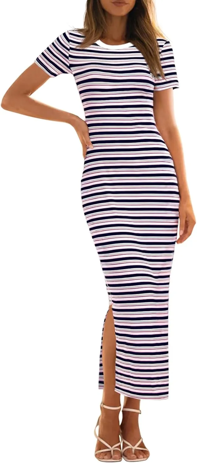 MEROKEETY Women's 2025 Summer Spring Striped Bodycon Maxi Dress Casual Short Sleeve Ribbed Knit Slit Long T Shirt Dresses