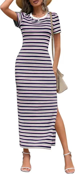 MEROKEETY Women's 2025 Summer Spring Striped Bodycon Maxi Dress Casual Short Sleeve Ribbed Knit Slit Long T Shirt Dresses