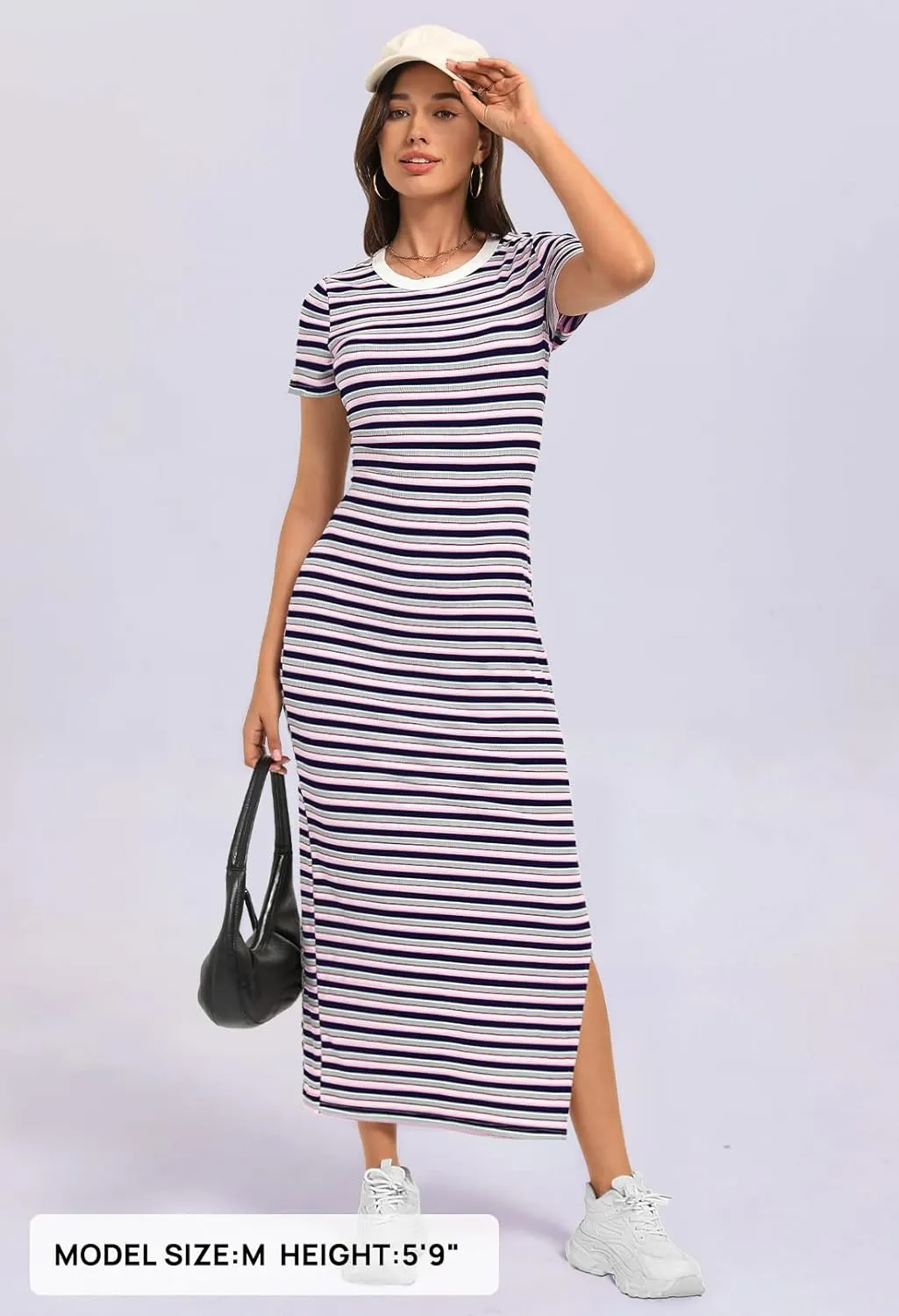 MEROKEETY Women's 2025 Summer Spring Striped Bodycon Maxi Dress Casual Short Sleeve Ribbed Knit Slit Long T Shirt Dresses