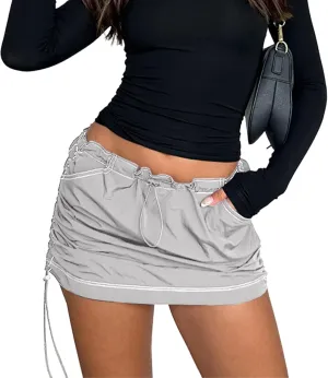 Mini Cargo Skirts for Women Y2K Low Waist Side Drawstring Trendy Summer Short Skirt with Pockets