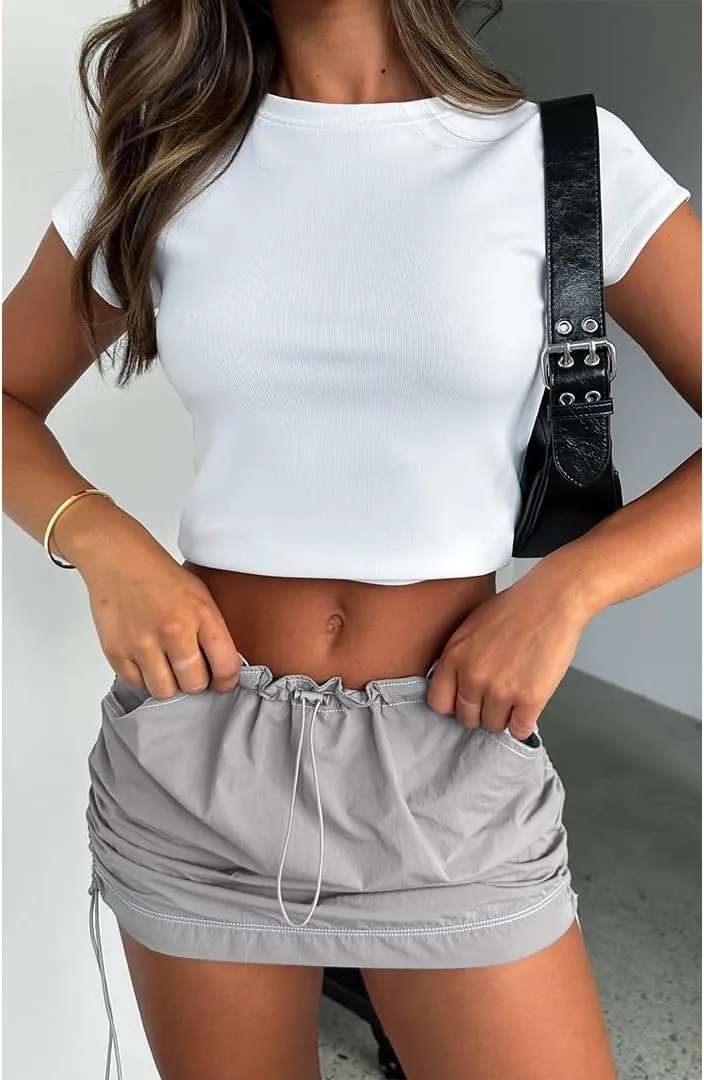 Mini Cargo Skirts for Women Y2K Low Waist Side Drawstring Trendy Summer Short Skirt with Pockets