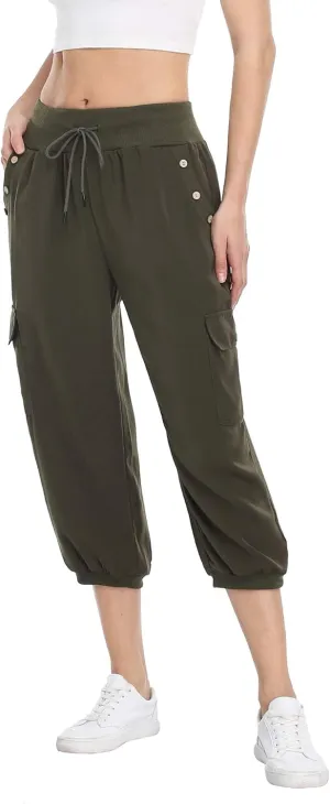 MISS MOLY Women's Cargo Capris Travel Pants Button Decor Summer Loose Harem Sweatpants Stylish Soft with Pockets