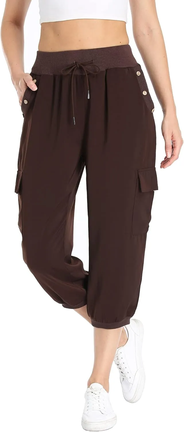 MISS MOLY Women's Cargo Capris Travel Pants Button Decor Summer Loose Harem Sweatpants Stylish Soft with Pockets