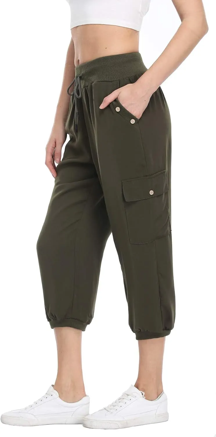 MISS MOLY Women's Cargo Capris Travel Pants Button Decor Summer Loose Harem Sweatpants Stylish Soft with Pockets