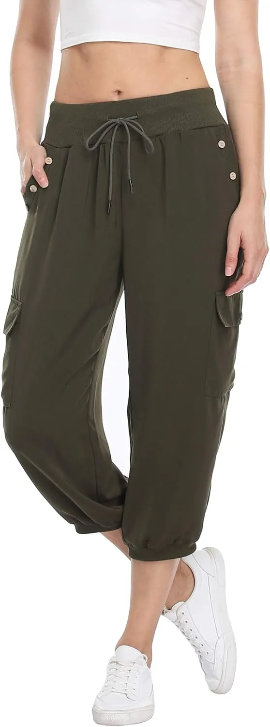 MISS MOLY Women's Cargo Capris Travel Pants Button Decor Summer Loose Harem Sweatpants Stylish Soft with Pockets