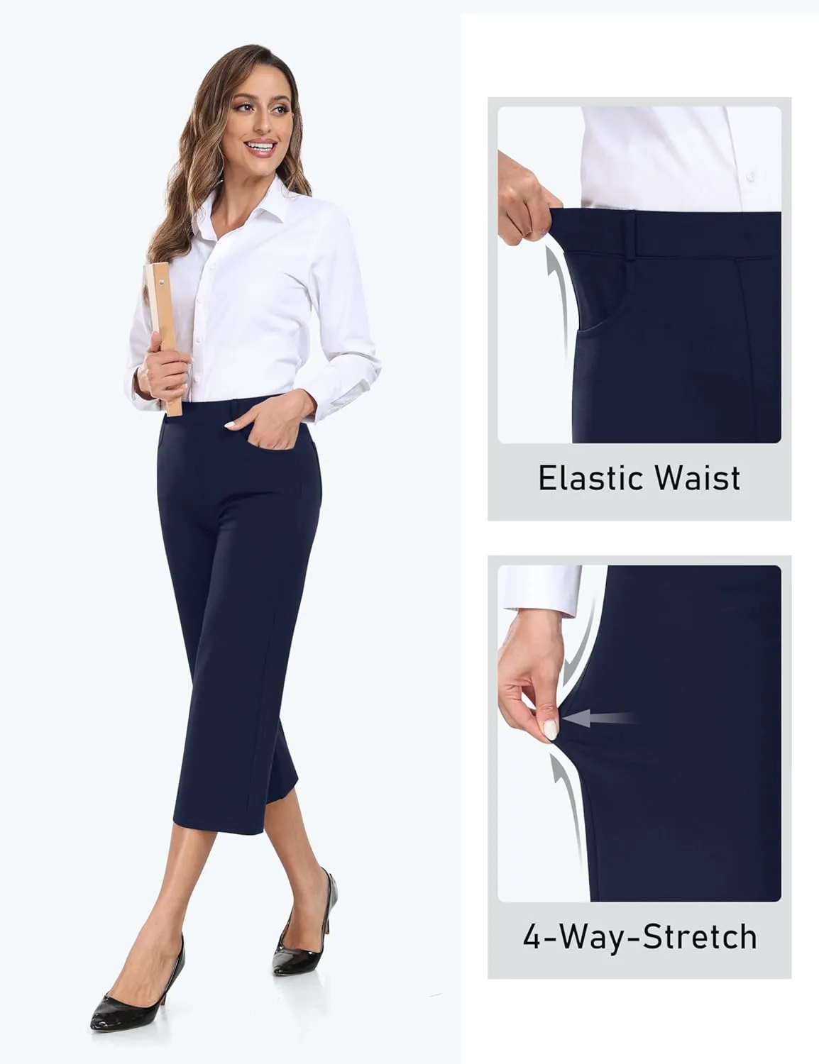 MoFiz Women's Golf Capri Pants Stretch Slim Business Casual Pants Straight Leg Yoga Dress Pants with Pockets Office Slacks
