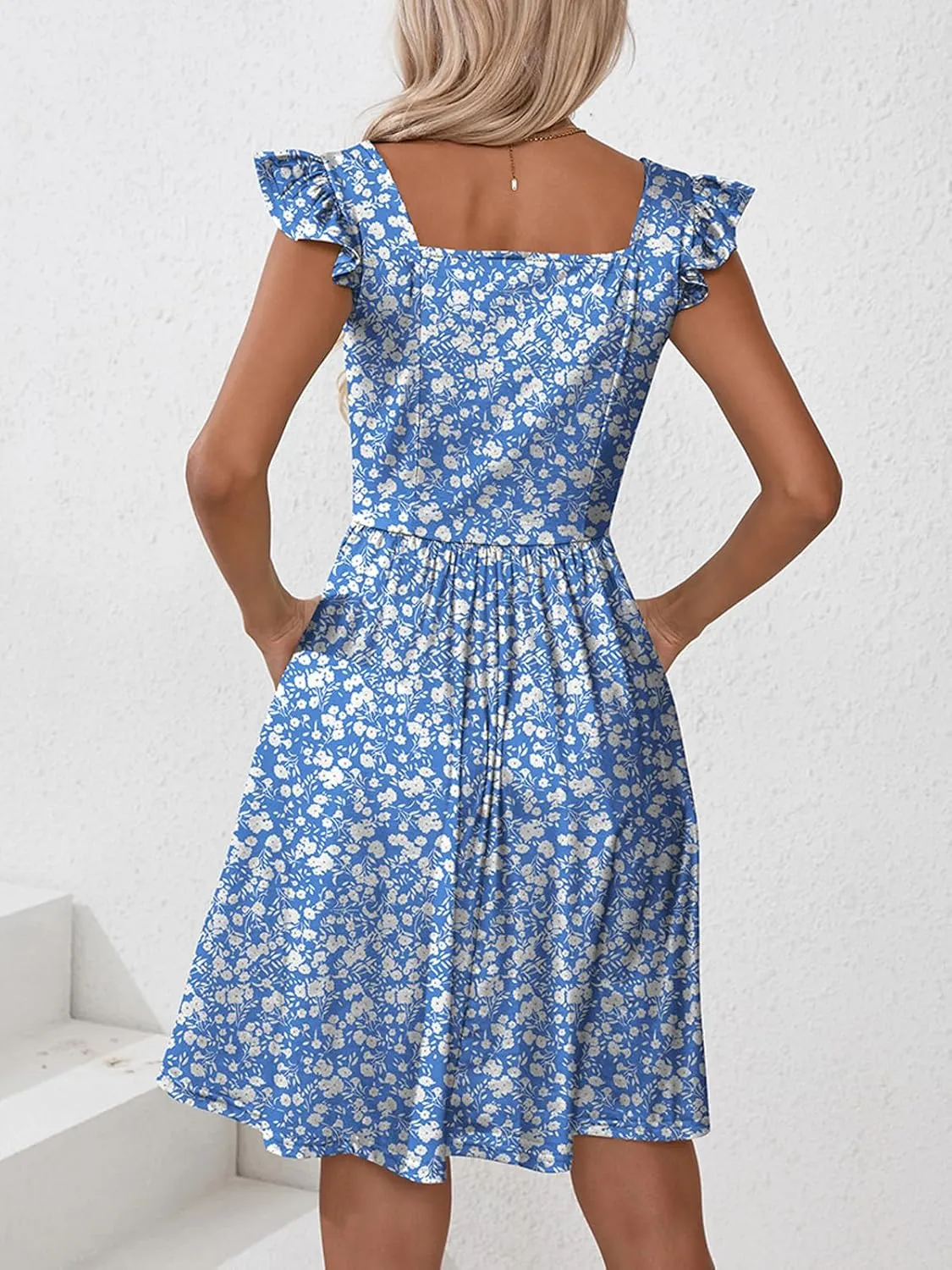 Naggoo Women's Summer Dresses Casual Square Neck Floral Sundress with Pockets A Line Flowy Beach Dress
