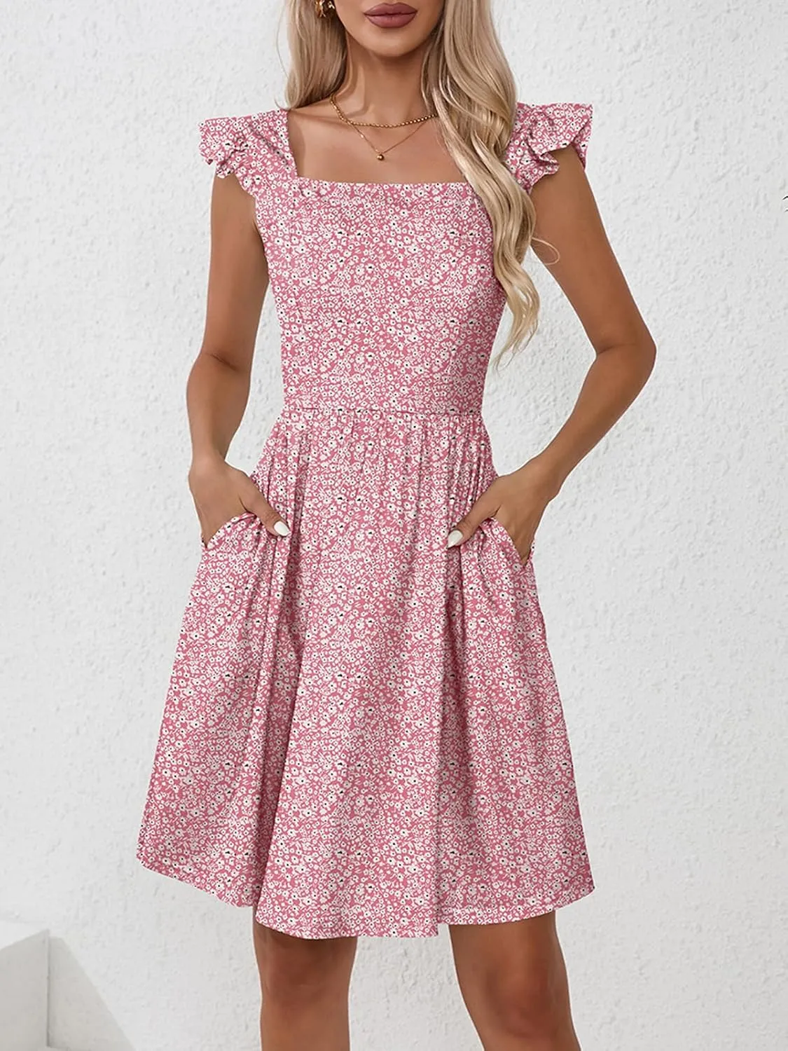 Naggoo Women's Summer Dresses Casual Square Neck Floral Sundress with Pockets A Line Flowy Beach Dress