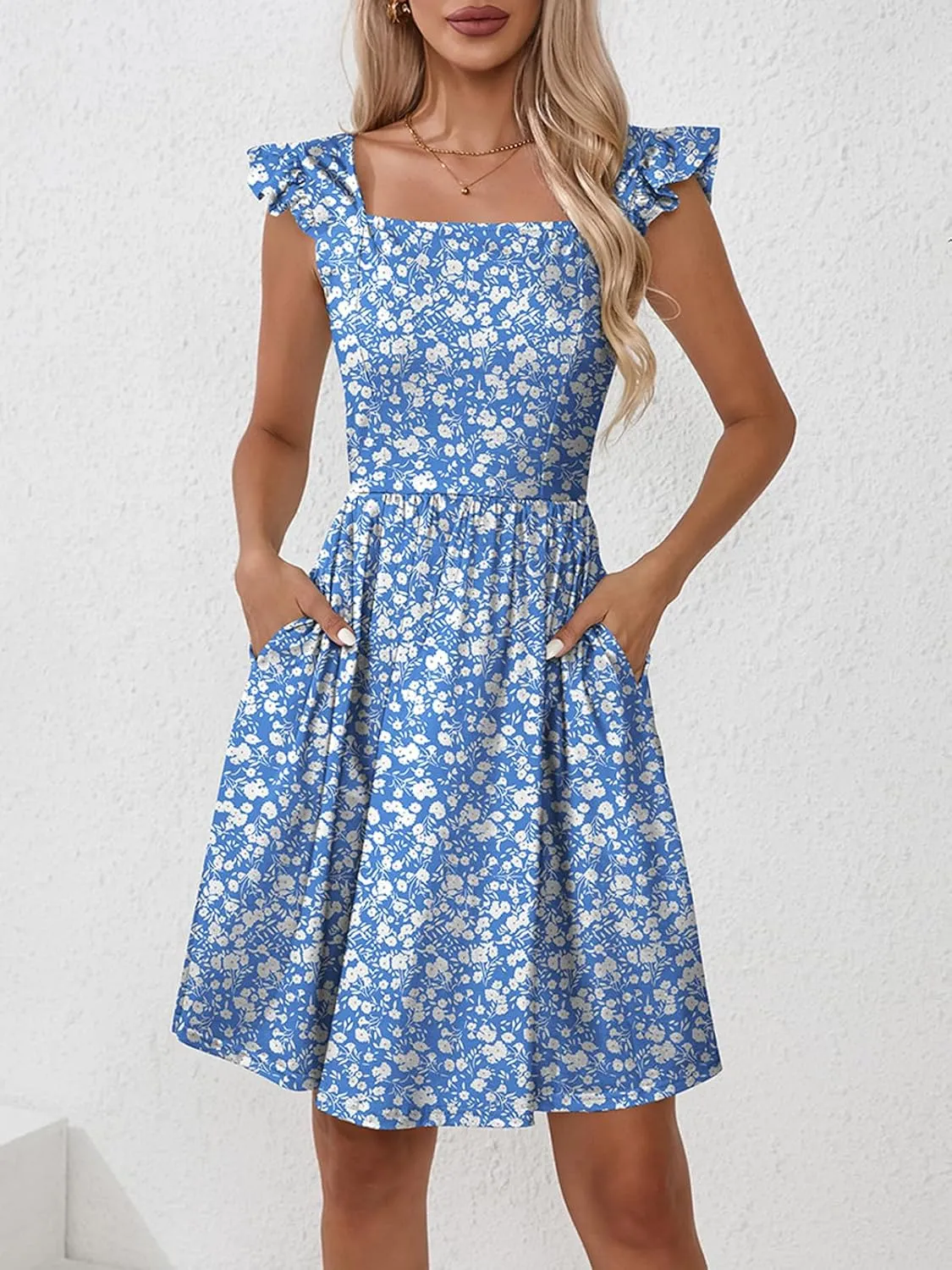 Naggoo Women's Summer Dresses Casual Square Neck Floral Sundress with Pockets A Line Flowy Beach Dress