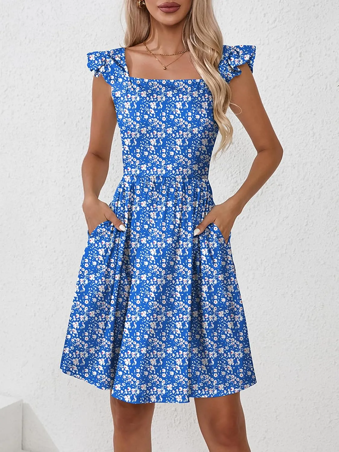 Naggoo Women's Summer Dresses Casual Square Neck Floral Sundress with Pockets A Line Flowy Beach Dress