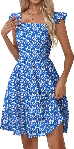 Naggoo Women's Summer Dresses Casual Square Neck Floral Sundress with Pockets A Line Flowy Beach Dress