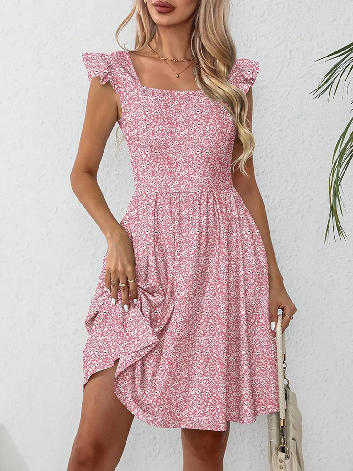Naggoo Women's Summer Dresses Casual Square Neck Floral Sundress with Pockets A Line Flowy Beach Dress