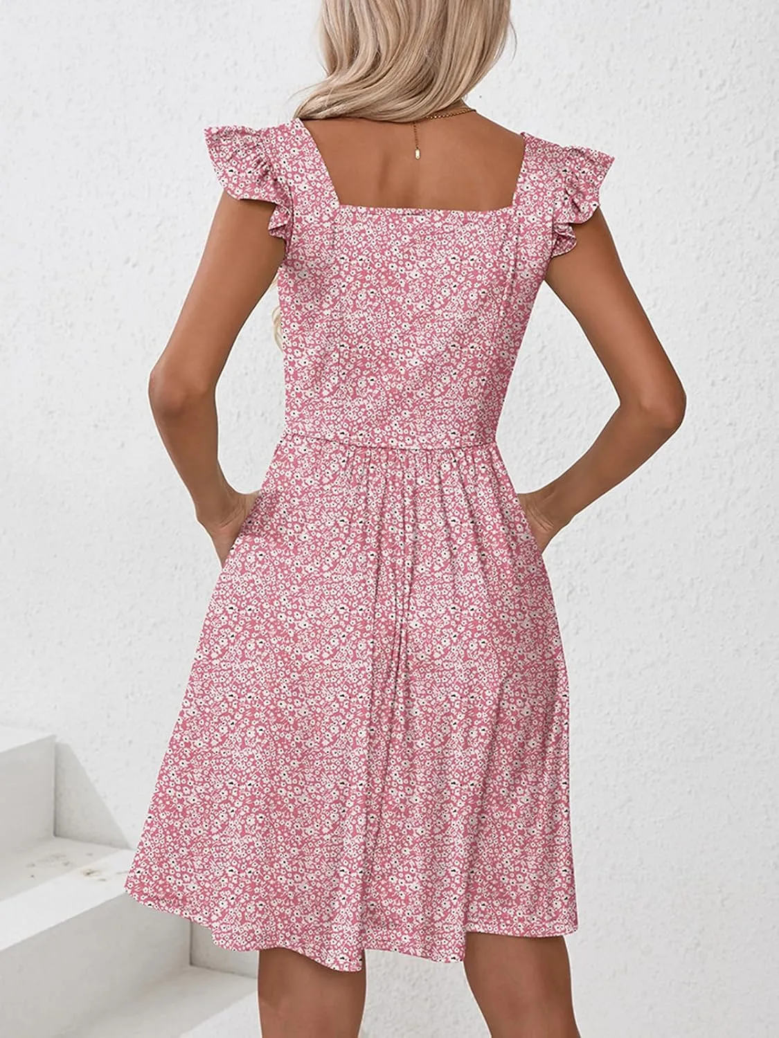 Naggoo Women's Summer Dresses Casual Square Neck Floral Sundress with Pockets A Line Flowy Beach Dress