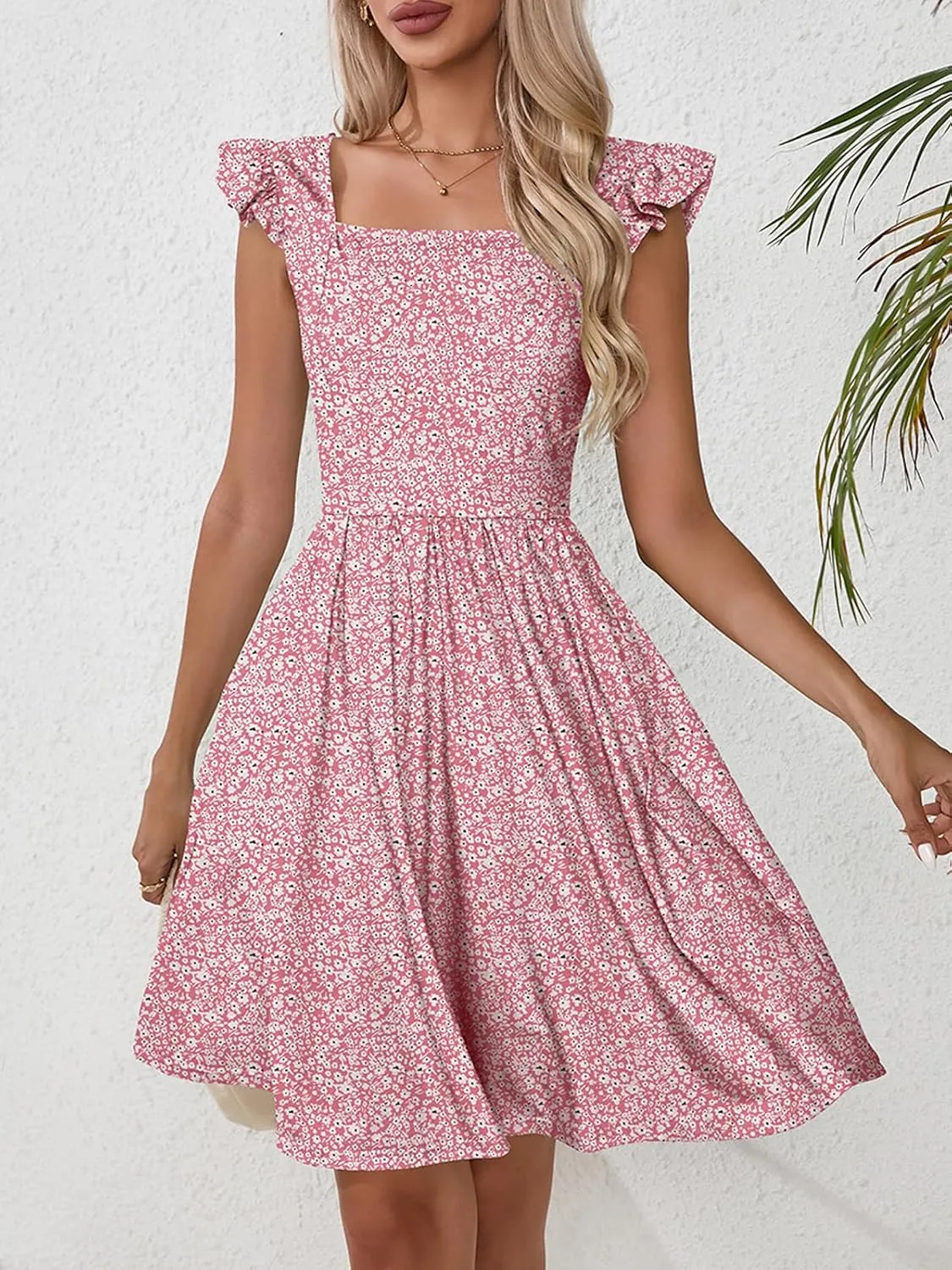 Naggoo Women's Summer Dresses Casual Square Neck Floral Sundress with Pockets A Line Flowy Beach Dress