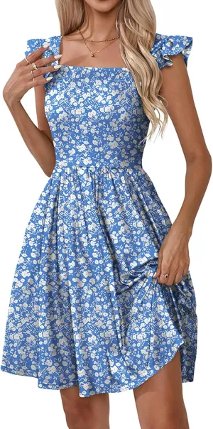 Naggoo Women's Summer Dresses Casual Square Neck Floral Sundress with Pockets A Line Flowy Beach Dress