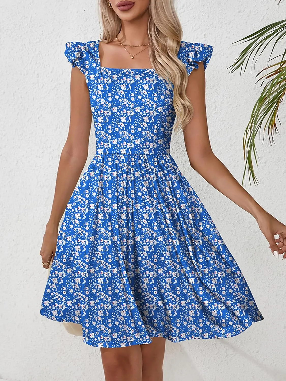 Naggoo Women's Summer Dresses Casual Square Neck Floral Sundress with Pockets A Line Flowy Beach Dress